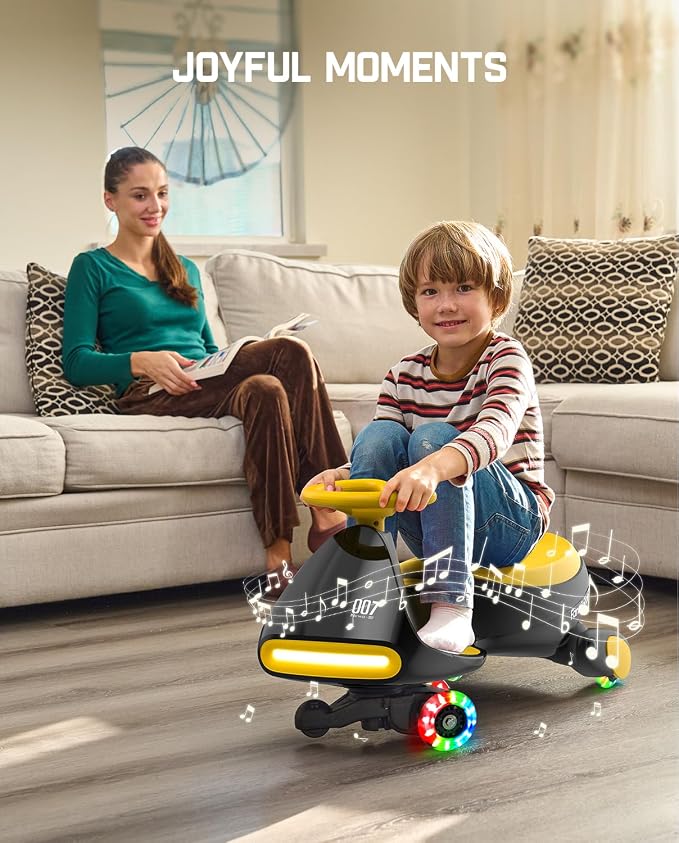 N7 Pro Electric Wiggle Car with Pedal, Rechargeable Battery, CyberWiggle, 2 in 1 Swing Car, 2 Speeds Max 4 Mph, Anti-Rollover, Flashing Wheels, Bluetooth, Ages 3+, 150 Lbs,Yellow