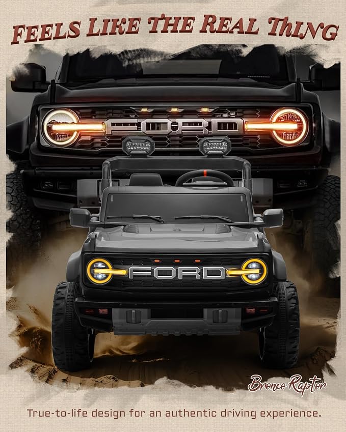 24V Ride on Toys for Big Kids, Licensed Ford Bronco Raptor Electric Car 2 Seater with Remote Control, Kids Ride on Cars w/ 2-Seater, 4.3 Mph Max Speed, Soft Start Function (24V, Black)
