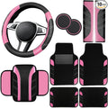 10 Pcs Car Floor Mats Full Set & Sport Leather Steering Wheel Cover 14.5-15 inch, Center Console Cover, Seat Belt Cushion, Cup Holder Coaster, Universal Automobile Interior Sets (Pink)