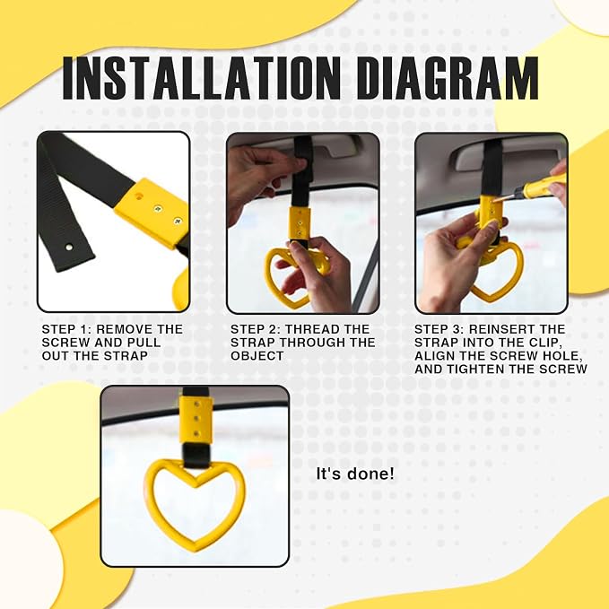 2PCS Heart Shaped Car Handle Straps, Rear Bumper Warning Keychain Ring for Car Exterior Accessories (Yellow)