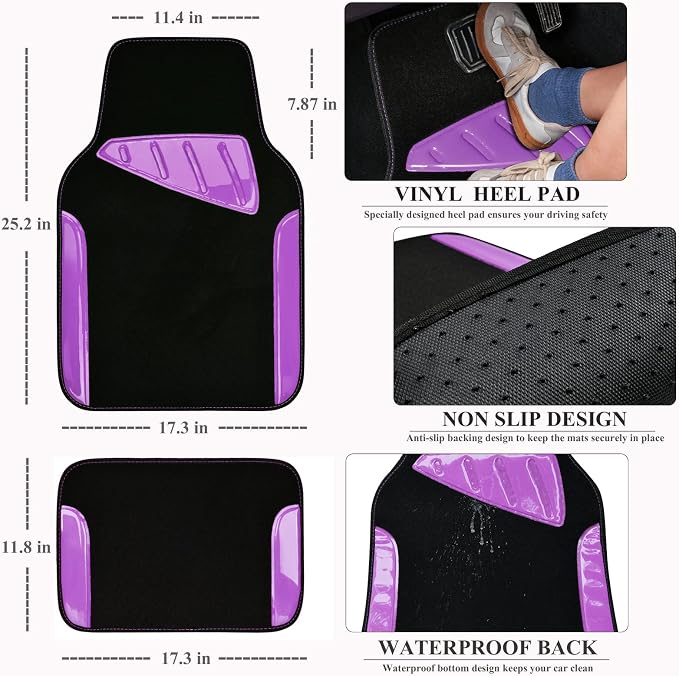 Jelly Waterproof Universal Fit Car Floor Mats, Girly Car Carpet Mats with Anti-Slip Nibbs Backing & Driver Heel Pad Fit for SUV, Vans, sedans, Trucks,Cute car mats of 4pcs for Women (Purple)