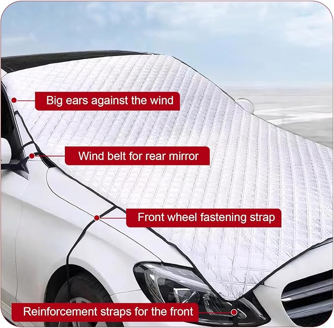 Half Car Cover, Snow and Frost Proof Thickened Protection Cover for Windshield Hood, Portable Waterproof Shield with Fixed Straps, Universal Outdoor Car Cloth for All-Weather (Silver)