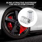Aluminum Tire Stem Valve Caps Wheel Valve Covers Car Dustproof Tire Cap Cover Accessories, Universal for SUV, Car, Bike and Motorcycle，Hexagon Shape (4PCS Silvery)
