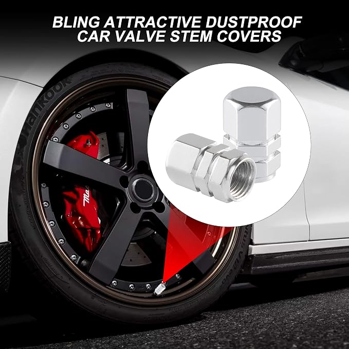 Aluminum Tire Stem Valve Caps Wheel Valve Covers Car Dustproof Tire Cap Cover Accessories, Universal for SUV, Car, Bike and Motorcycle，Hexagon Shape (4PCS Silvery)