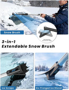 43.7" Extendable Ice Scrapers for Car Windshield for 12 Adjustable Length Settings with Foam Grip and 360° Pivoting Brush Head Detachable Snow Brush for Truck SUV(Blue)