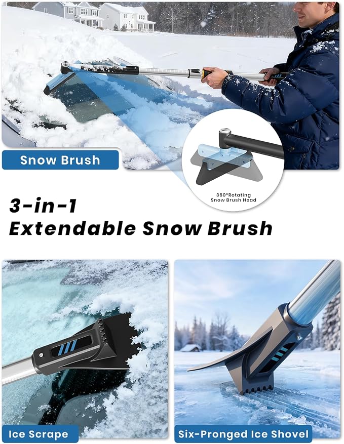 43.7" Extendable Ice Scrapers for Car Windshield for 12 Adjustable Length Settings with Foam Grip and 360° Pivoting Brush Head Detachable Snow Brush for Truck SUV(Blue)