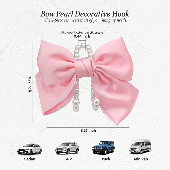 2PCS Satin Bow Pearl Car Seat Headrest Hooks – Car Bag Holder & Vehicle Hanger for Purses – Cute Coquette Aesthetic Interior Decoration – Cute Auto Organizer Accessories Universal (Pink)