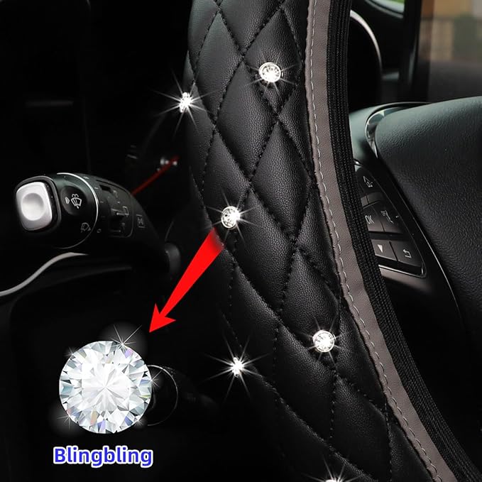 Bling Car Steering Wheel Cover, Non-Slip Elastic Stretch Leather Auto Steering Wheel Protector, Sparkling Diamond Vehicle Decor Accessories for Women Girls, Universal for Vehicles (Gray)