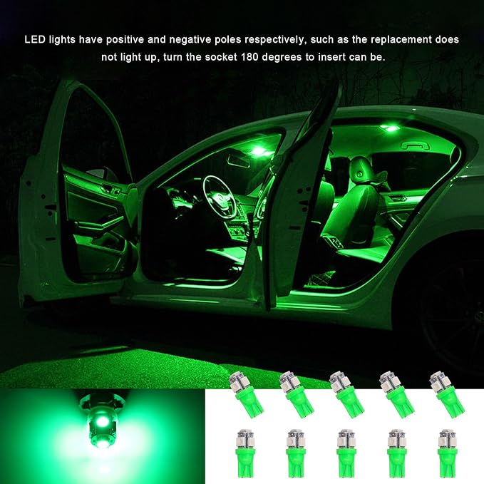 10 PCS Car Interior LED Light Bulb, T10 5050 5SMD LED Car Bulb Kit, Super Bright Automotive Led Replacement Bulbs for Dashboard Dome Map Door Courtesy License Plate Lights (Green)