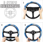 Elastic Steering Wheel Cover Non-Slip Protection for Women Men | Comfort Anti-slip Safety Stretch-on 14-15 inch, Blue Boho Flower Easy Fix Machine Washable Steering Wheel Protection