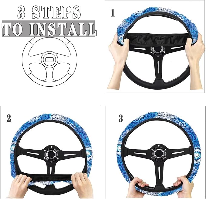 Elastic Steering Wheel Cover Non-Slip Protection for Women Men | Comfort Anti-slip Safety Stretch-on 14-15 inch, Blue Boho Flower Easy Fix Machine Washable Steering Wheel Protection