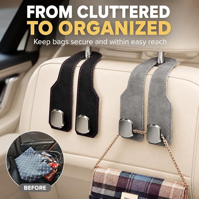 2Pcs Car Headrest Hooks with Premium Leather, Upgraded Double Metal Hooks with Anti-Drop Design, Universal Back Seat Hanger for Bags, Coats, Purses and Groceries (Stylish Black)