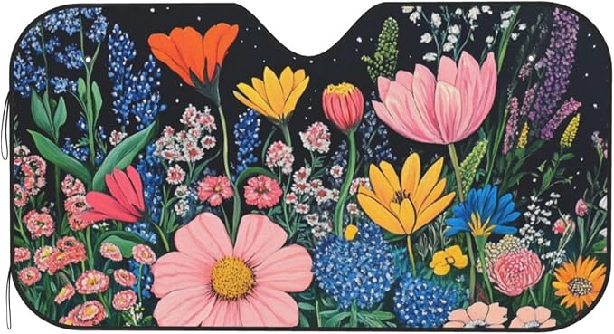 Windshield Sun Shade Wildflower Art Floral Black Car Front Window Sunshade Cover for Truck SUV Blocks UV Rays Automotive Visor Interior Protector 51 x 27.5 inch