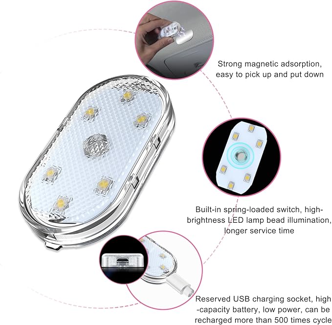 2 PCS Wireless Led Lights for Car Interior, 7 Colors Magnetic Auto Ambient Light with 6 Bright LED Lamp Beads, USB Rechargeable Vehicle Led Night Light, Car Accessories (Ice Blue)