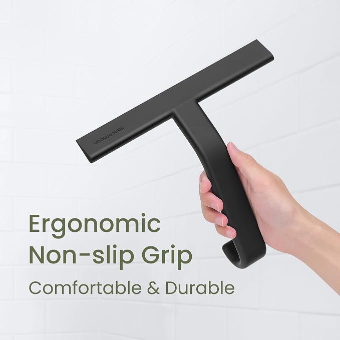JustHang Shower Squeegee for Glass Doors, All-One-Piece Award-Winning Silicone Squeegee with Built-in Hook for Bathroom, Window, Mirror, Tile Wall,Car, Streak-Free Cleaner Tool,10-Inch Black