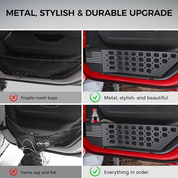 Metal Front Door Pocket Storage Box for Jeep Wrangler JL JLU 4XE 2018-2026 & Gladiator JT 2020-2023 2024 2025 2026 Accessories Door Storage Organizer Molle Panels (Not for Power Seats), 2PCS
