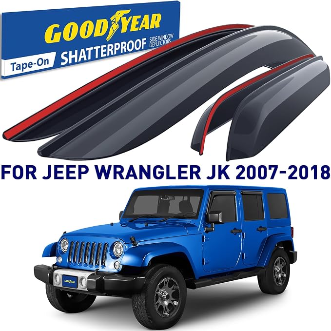 Goodyear Shatterproof Window Deflectors for Jeep Wrangler JK 2007-2018, Tape-on Rain Guards, Window Visors, Vent Deflector Visor, Car Accessories, 4 pcs. - GY008943
