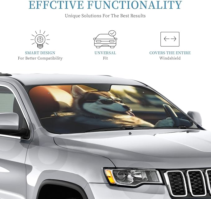 Windshield Sun Shade Funny Driving Husky Dog Car Front Window Sunshade Cover for Truck SUV Blocks UV Rays Automotive Visor Interior Protector 55 x 30 inch