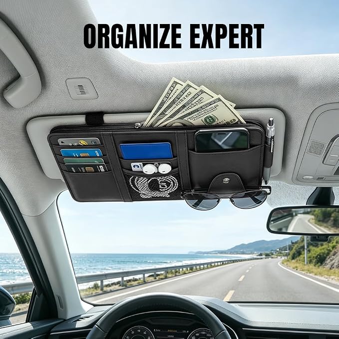 Car Sun Visor Organizer, Truck Visor Organizer, Leather Multi-Pocket Auto Visor Storage Pocket Pouch Holder with Zipper, Auto Accessories Storage Bag for Driving License Card Pen (Black)
