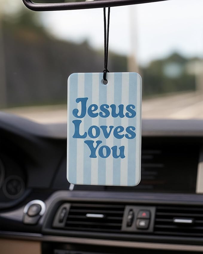 Blue Boho Christian Car Air Freshener 4 Pcs Coconut Scented, Jesus Loves You Car Accessories Mirror Decor, Inspirational Religious Hanging Air Freshener for Cars Closet Drawer Books Kids Room