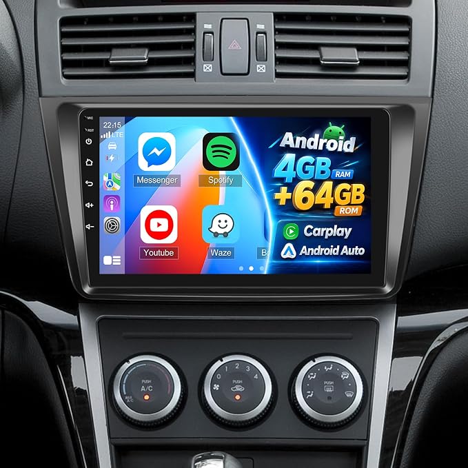 Android Radio for Mazda 6 2007-2012 with Wireless Carplay and Android Auto | [4+64G] Car Stereo 9 Inch Touchscreen, GPS Navi, WiFi, EQ Audio, SWC, Mirror Link, Bluetooth + AHD Backup Camera