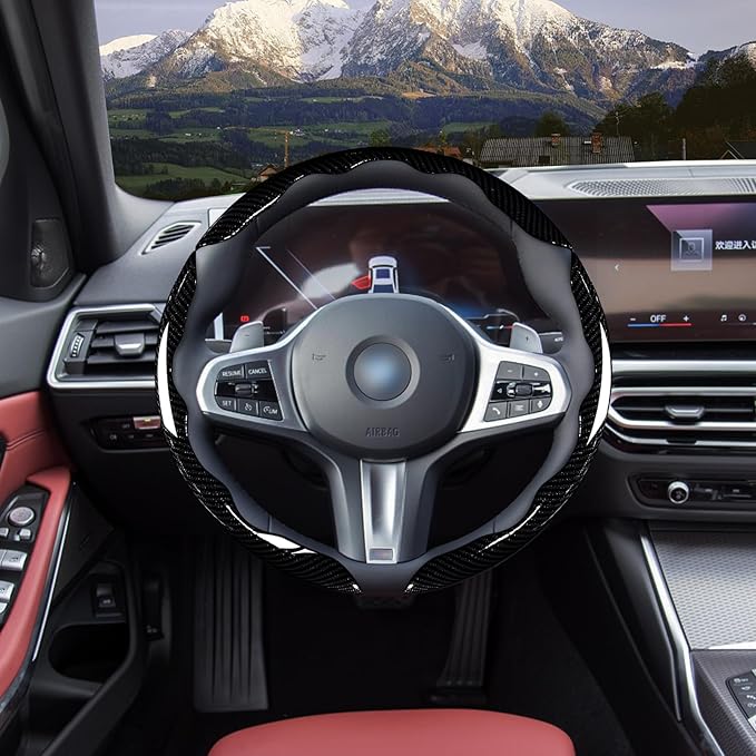Car Steering Wheel Cover Set Bright Carbon Fiber Wrap Non-Slip 3pcs Steering Wheel Accessories 14.5-15 inch Universal (Black)