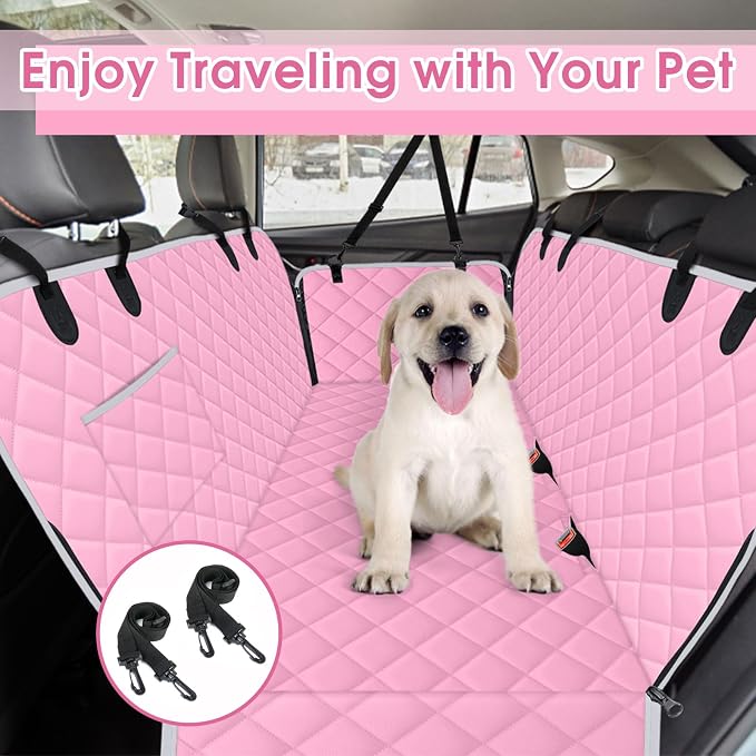 Waterproof Dog Car Seat Cover for Back Seat, Pet Hammock-S, Pink/Grey | Durable waterproof hammock with nonslip design & storage pockets. Protects seats from scratches, fits cars, SUVs & trucks.