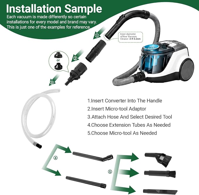 Crevice Attachment Kit, Compatible with 1-1/4 Inch Vacuum,Micro Cleaning Tools for Keyboard, Crevice, Car, Vents & Tight Spaces, Woodworking,Pet Cleaning, with Storage Bag+Boost Suction