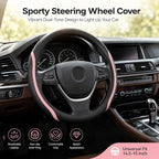 Steering Wheel Cover Black and Pink Leather Universal 14.5-15 inch | Car Steering Wheel Covers with Coasters Microfiber Breathable Anti-Slip Durable Steering Wheel Accessories Set for Woman