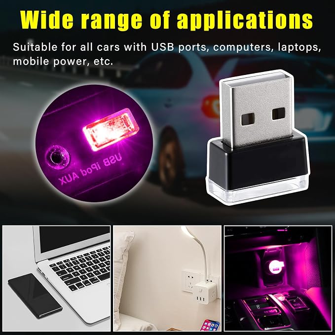 4 PCS USB LED Car Interior Atmosphere Lamp, Plug-in USB Decor Night Light, Portable Auto Ambient Lighting Kit, Universal Vehicle Interior Accessories for Most Cars (Purple)