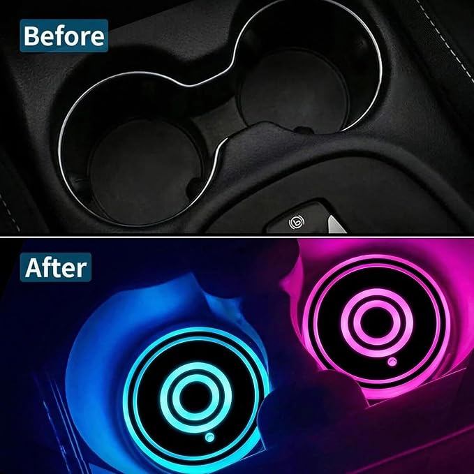 2PCS LED Car Cup Holder Lights, Light up Car Coasters for Cup Holders 7 Color-Changing Light Up Cup Holder Insert Coasters, Waterproof Car Accessories for Teens, Car Gifts for Men & Women