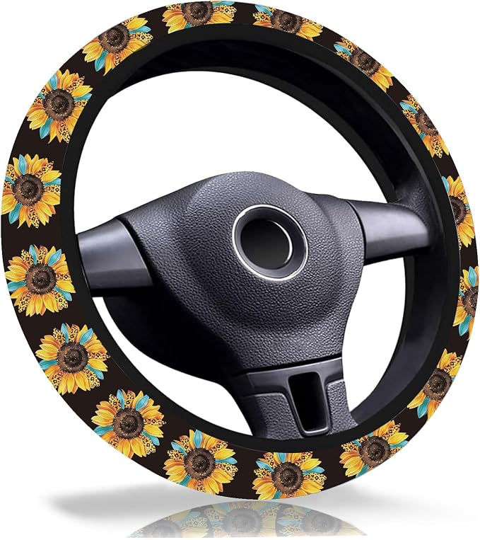 Leopard Sunflower Steering Wheel Cover 15" General Neoprene Steering Cover | Sunflower Car Accessories Decor Non-Slip Fit Auto SUV Truck, Leopard Sunflowers Gifts for Women Men Birthdays Festivals