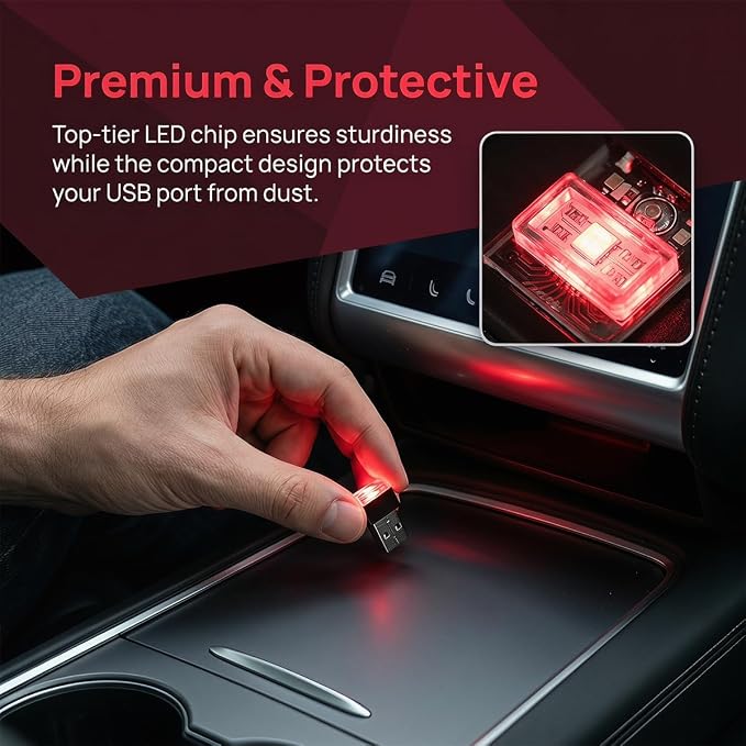 4PCS USB LED Car Interior Atmosphere Lamp, Portable Mini, Red | 5V USB-A plug-in, soft accent glow, no wiring, decor night light, car accessories for cars, SUVs, trucks
