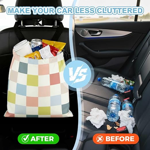 Colored chessboard Car Trash Bag - Waterproof Car Trash Bag Hanging Leakproof Car Garbage Bag - Washable Reusable Trash Bag For Car Interior Hanging Organizer Storage Vehicle Travelling Camping