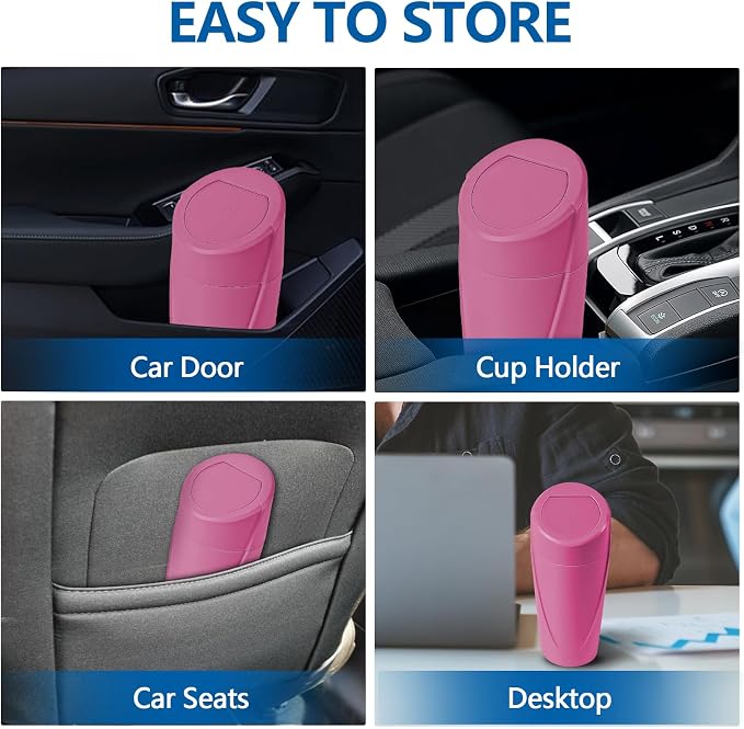 Mini Car Trash Can with Lid, Portable Garbage Can for Car, Leakproof Cup Holder Automotive Garbage Bin with 2 Rolls of Trash Bags, Small Trash Storage Can for Car Home Office(Rose Red)