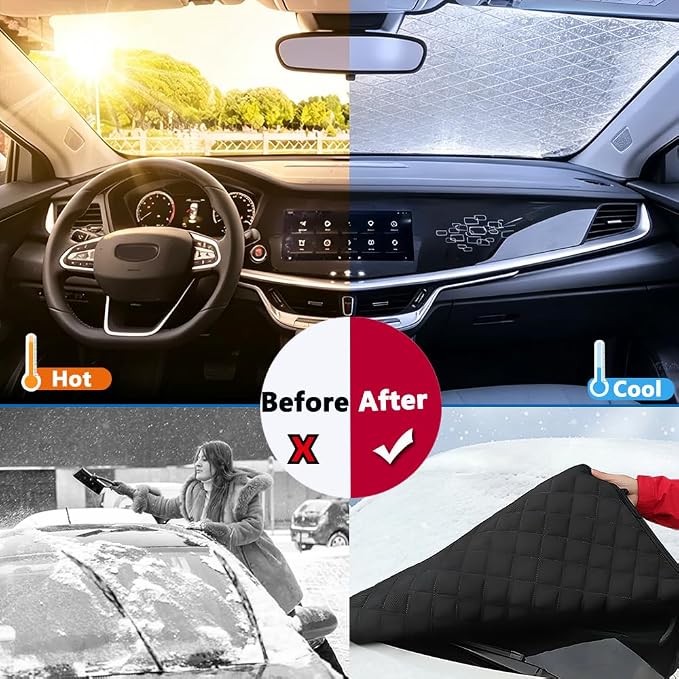 Car Windshield Snow Sun Cover ， 100x 77 Inches | Extra large thickened reflective strips, all season indoor outdoor, protects windshield wipers door handles side mirrors