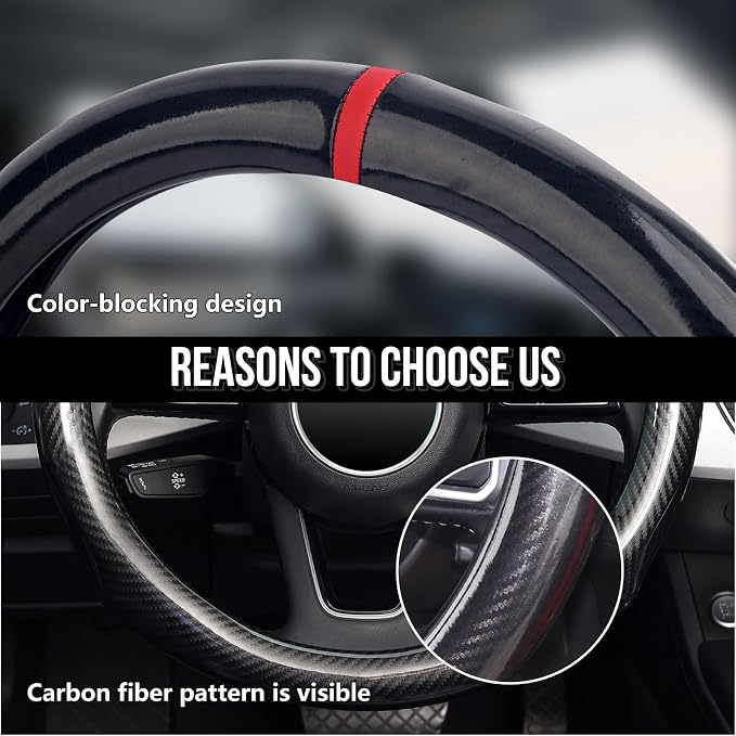 Steering Wheel Cover Carbon Fiber, Universal Standard Size 14.5-15 inch Car Steering Wheel Accessories for Men, Black