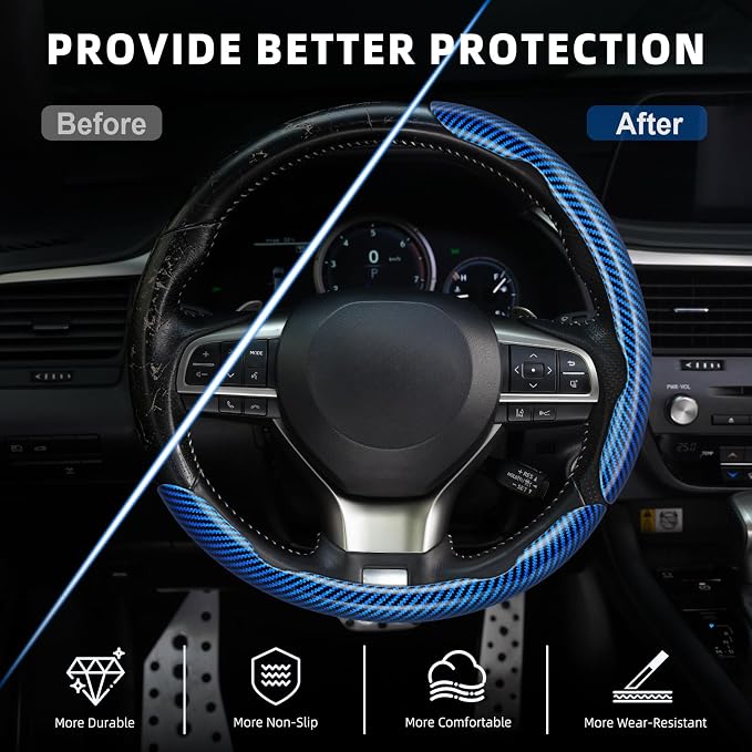 3pcs Carbon Fiber Anti-Skid Steering Wheel Cover, Waterproof Design, Universal Fit for 14-16 Inch Car Wheel Cover, Interior Car Accessories for Jeeps, SUVs, Trucks (Glossy Blue)