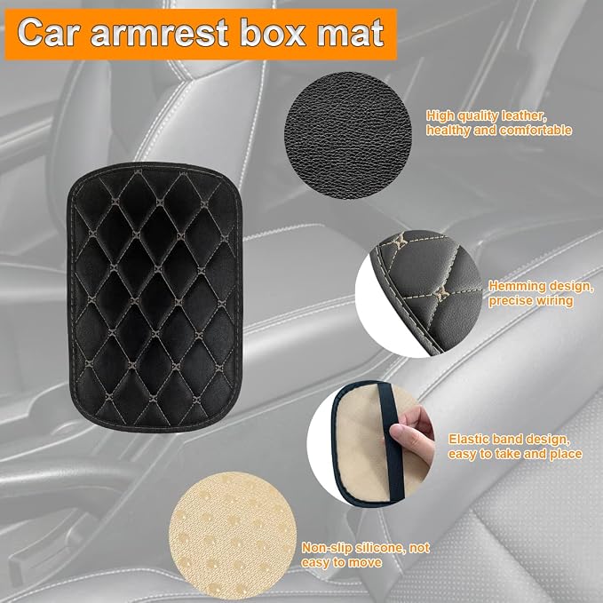 Auto Center Console Pad, PU Leather Car Center Console Box Cushion, Non Slip Soft Armrest Seat Box Cover, Waterproof Vehicle Armrest Protector for SUV, Truck, Car (Rhombic Lattice Black/Beige)