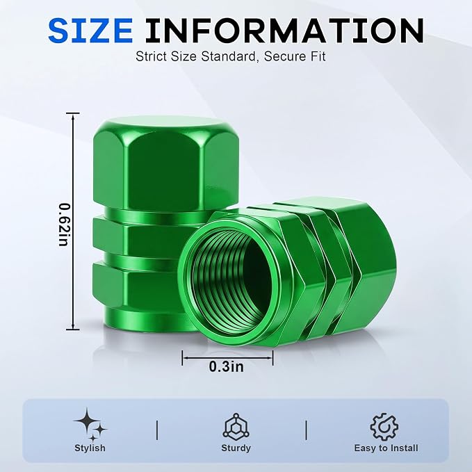 Car Tire Valve Stem Caps, 12pcs Air Caps Cover, Universal for Cars, SUVs, Bike, Trucks and Motorcycles-Green