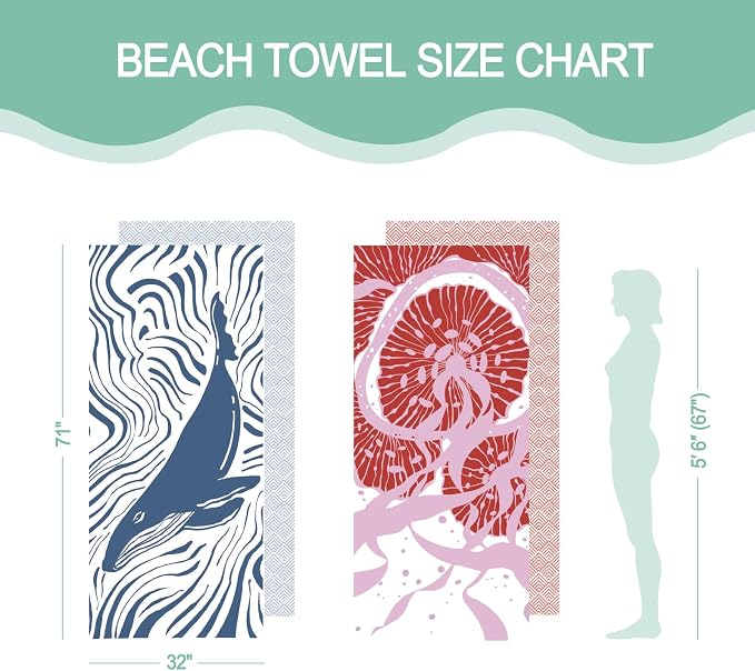 2 Pack Microfiber Beach Towel, Quick Dry Travel Towel Large Sand Free Towel for Beach, Camping, Swim Pool, Gym, Sports& Yoga 71"x32", Whale& Jellyfish
