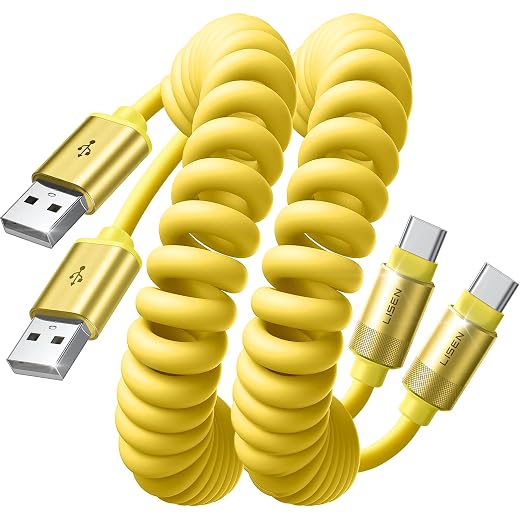 Coiled USB C Cable, 2 Pack for Android Auto & CarPlay Cable, Short USB A to USB C Cable Compatible with iPhone 17/16/15, Samsung Galaxy S25/S24/S23 A15/A14, Google Pixel 9/8, Yellow 4FT