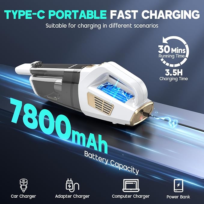 Handheld Vacuum Cordless, 15000PA Strong Suction Hand Held Car Vacuum Cleaner Portable with Multi-Nozzles & Washable Filter, Lightweight Rechargeable Vacuum Cleaner for Home, Car, Office, Pets