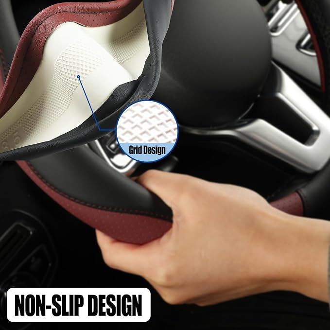 Black Burgundy Microfiber Leather Steering Wheel Cover 14 inch | Breathable Anti Slip Grip Cool Sporty Look Glow for Women Men