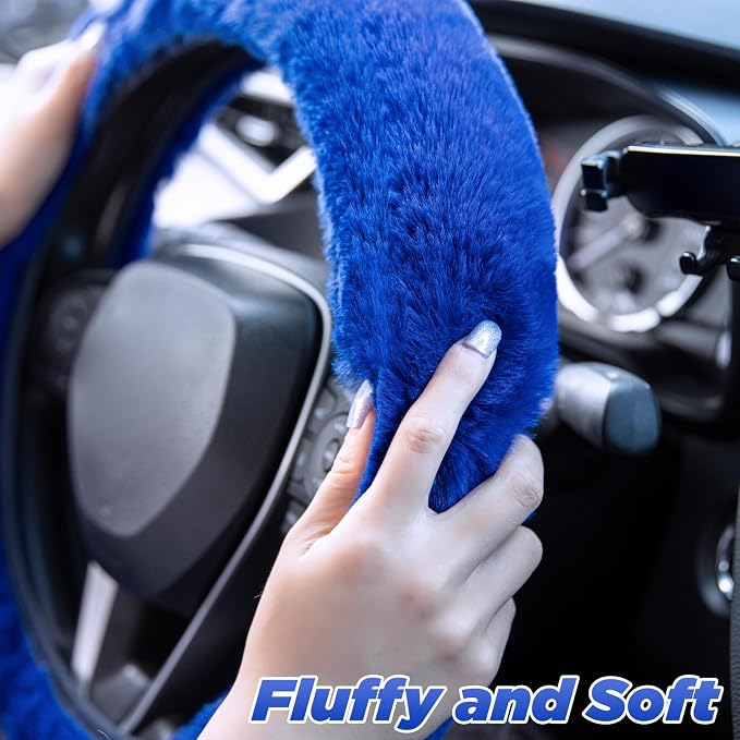 Furry Car Steering Wheel Cover with Fluffy Gear Shift Cover Soft Warm Non-Slip Car Decoration for Men Women Girls 2 PCS Set, Blue