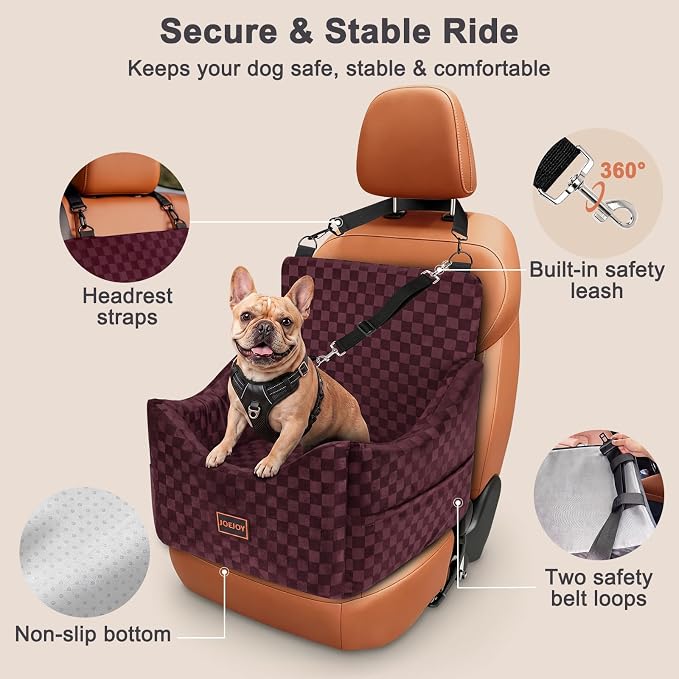 Elevated Dog Car Seat for Small/Medium Dogs up to 36 lbs, Memory Foam Booster Seat with Detachable Washable Cover, Travel-Safe Car Bed with Safety Belts & Storage Pockets, Red