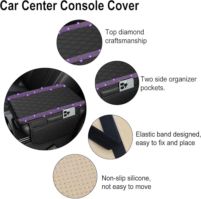 Bling Car Center Console Cover, Leather Car Arm Rest Cover Cushion with 2 Storage Bags, Universal Auto Armrest Protector Storage Box, Bling Accessories Interior for Most Vehicles (Purple)