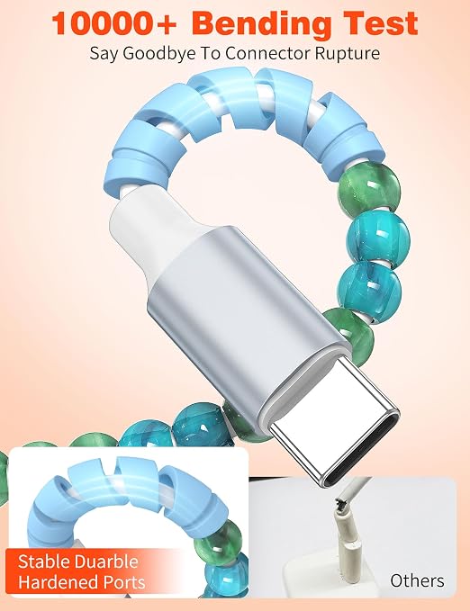 USB A to USB C Cable 6FT,Beaded Charger Cord for iPhone 17 16 Pro Max 17e 15 Car play,Cute Type C Car Charger Charging Cord for iPad 10 11th A16/Samsung S26 S25 S24/Android Phone Girls Women,BlueGreen