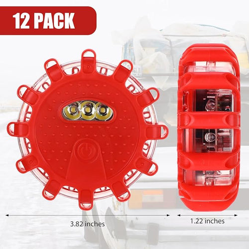 12 Pack LED Road Flares Emergency Lights Roadside 9 Flash Modes Warning Car Safety Beacon Magnet Hook Flashing Disc Flare Kit for Vehicles Car Truck Boats Holiday Gift(Red)