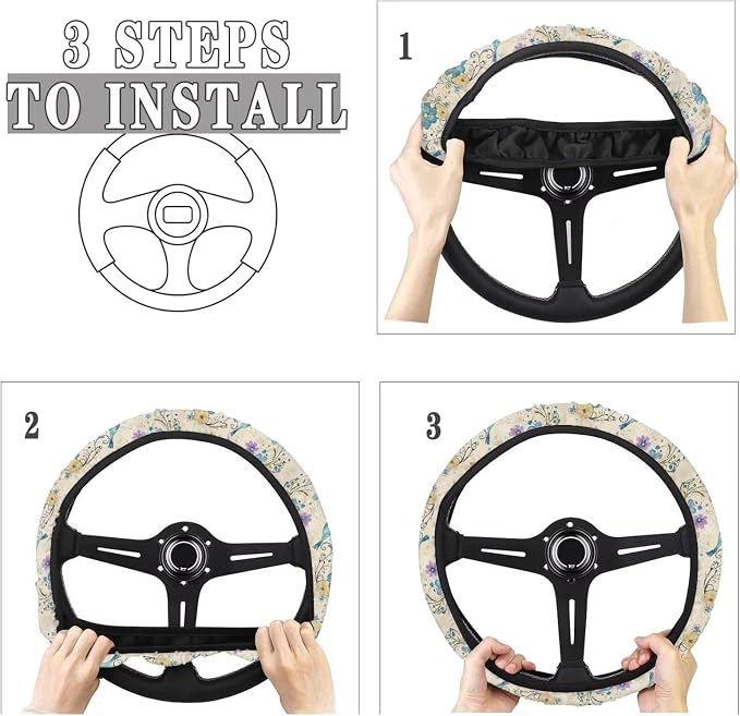 Comfortable Car Steering Wheel Cover Hummingbird Flower Blue Pattern Auto Steering Wheel Protector with Anti-Slip Lining Car Interior Accessories Universal Fit Car SUV Van Truck